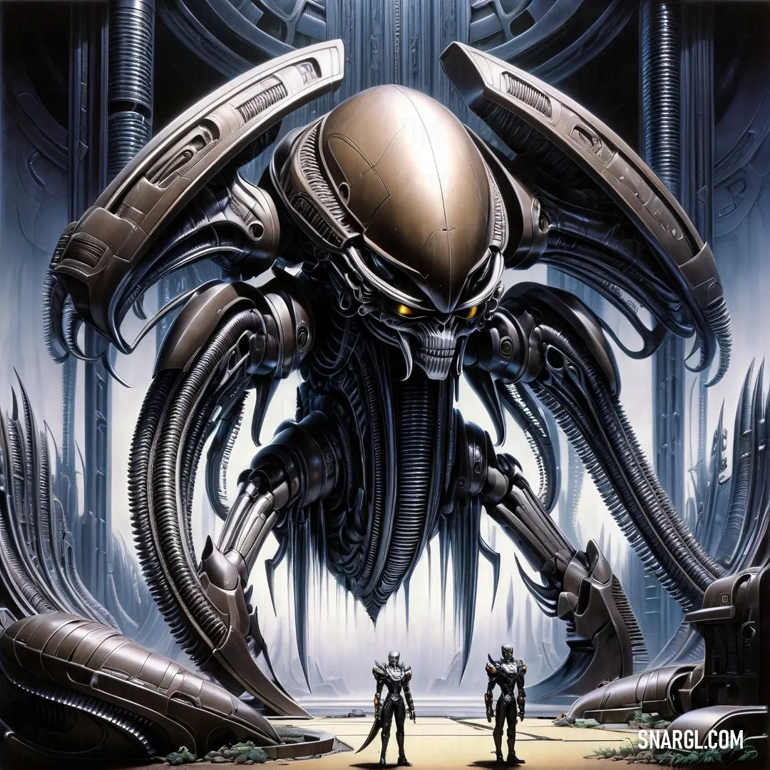 Painting of a giant alien with two men standing in front of it. Color NCS S 7010-Y10R.