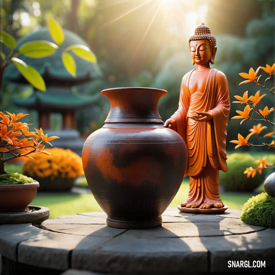Buddha statue next to a vase and flowers in a garden area with a sun shining on the background. Color CMYK 0,45,58,75.