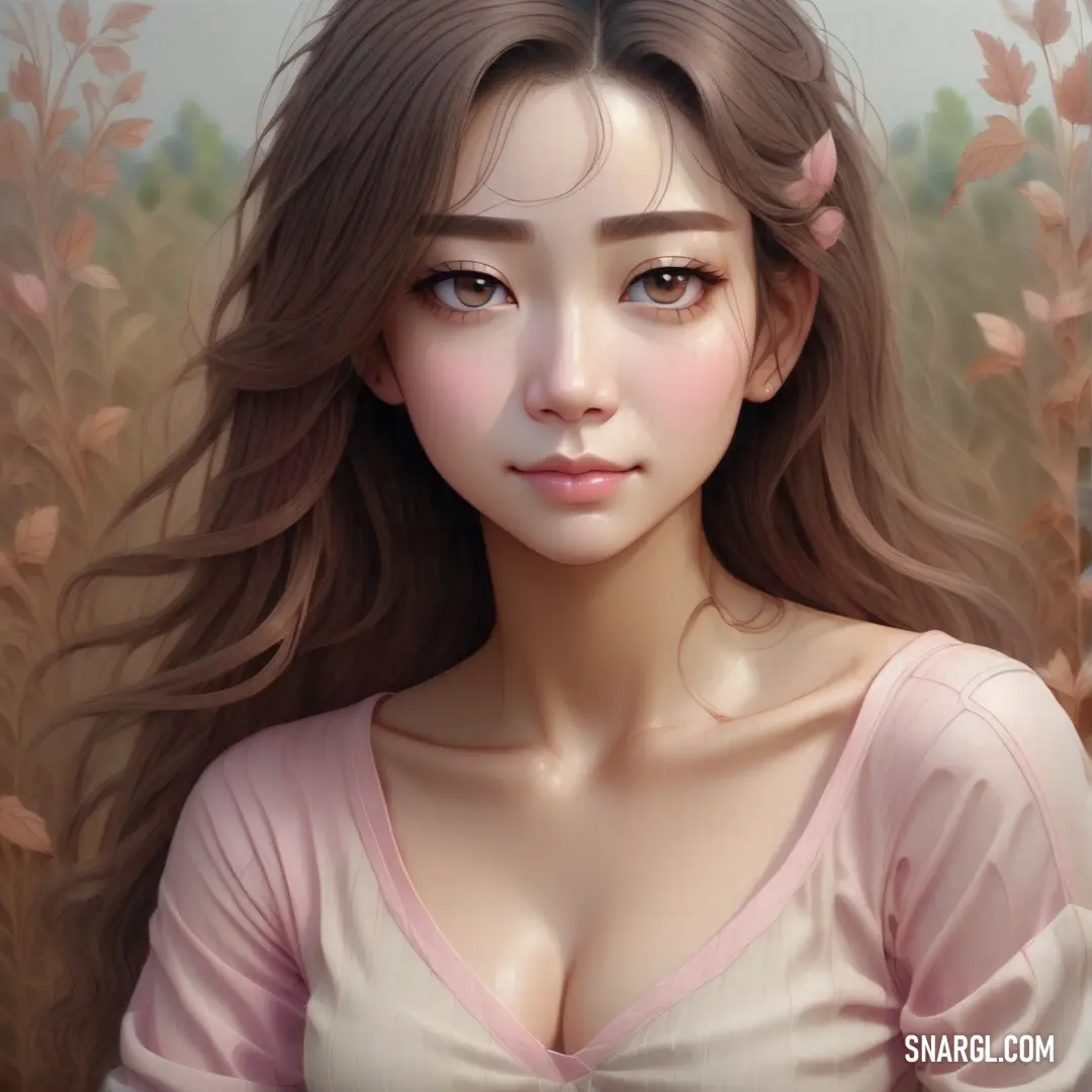 Painting of a woman with long hair and a pink shirt on. Example of #513522 color.