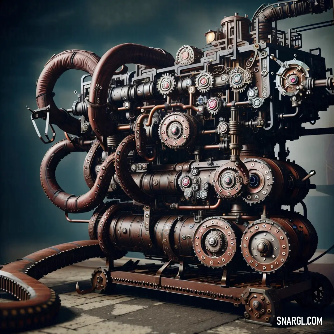 Large machine with many gears and pipes on it's side, with a dark background. Color #4F342A.