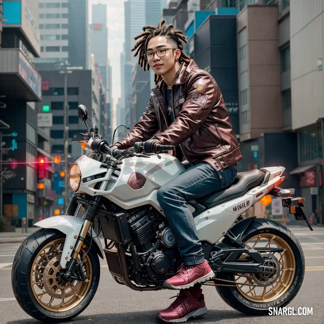 Man with dreadlocks on a motorcycle in the street in a city setting with tall buildings. Example of NCS S 7010-Y70R color.