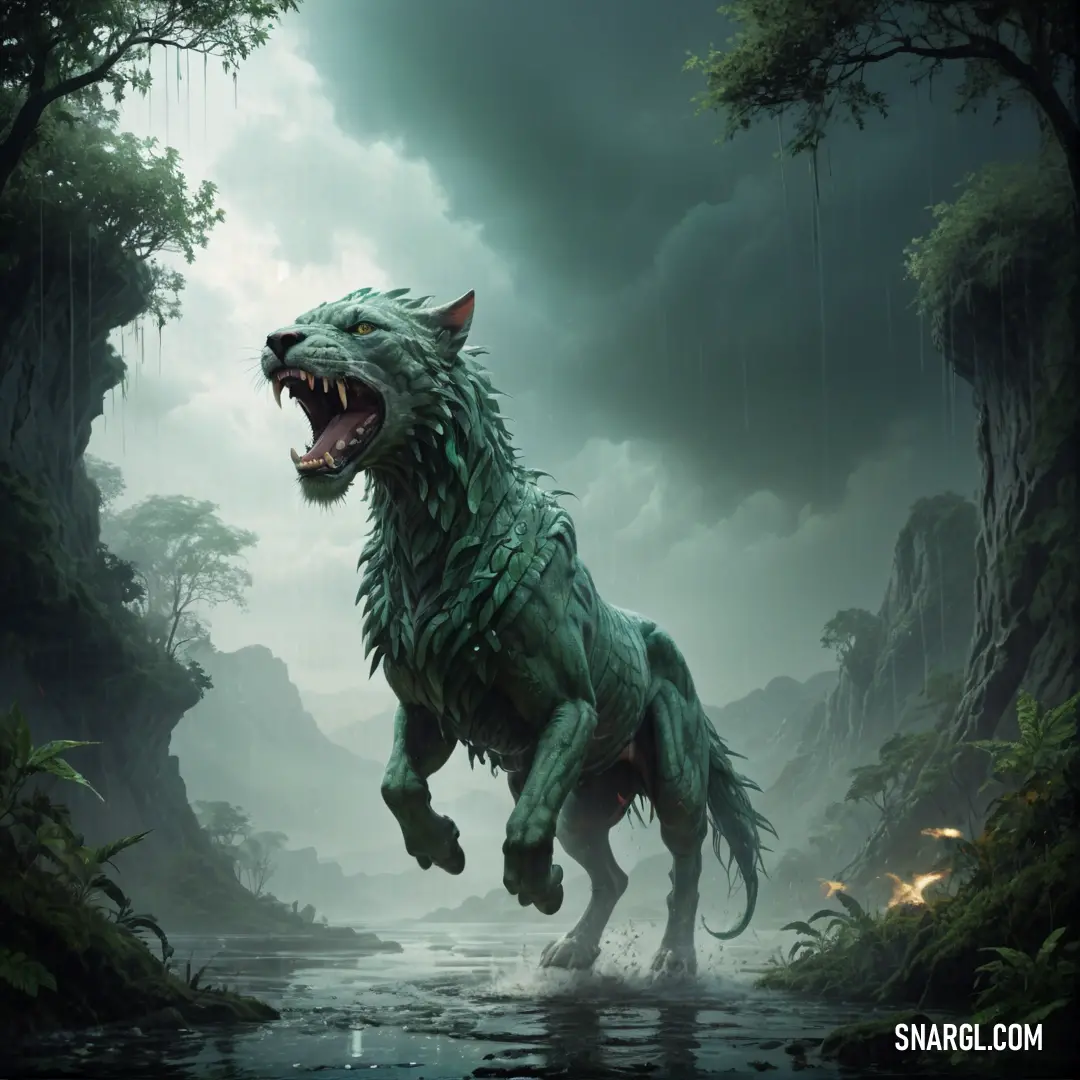 Green creature with a large mouth and a large mouth is running through a river in the jungle with a waterfall. Color NCS S 7020-G.