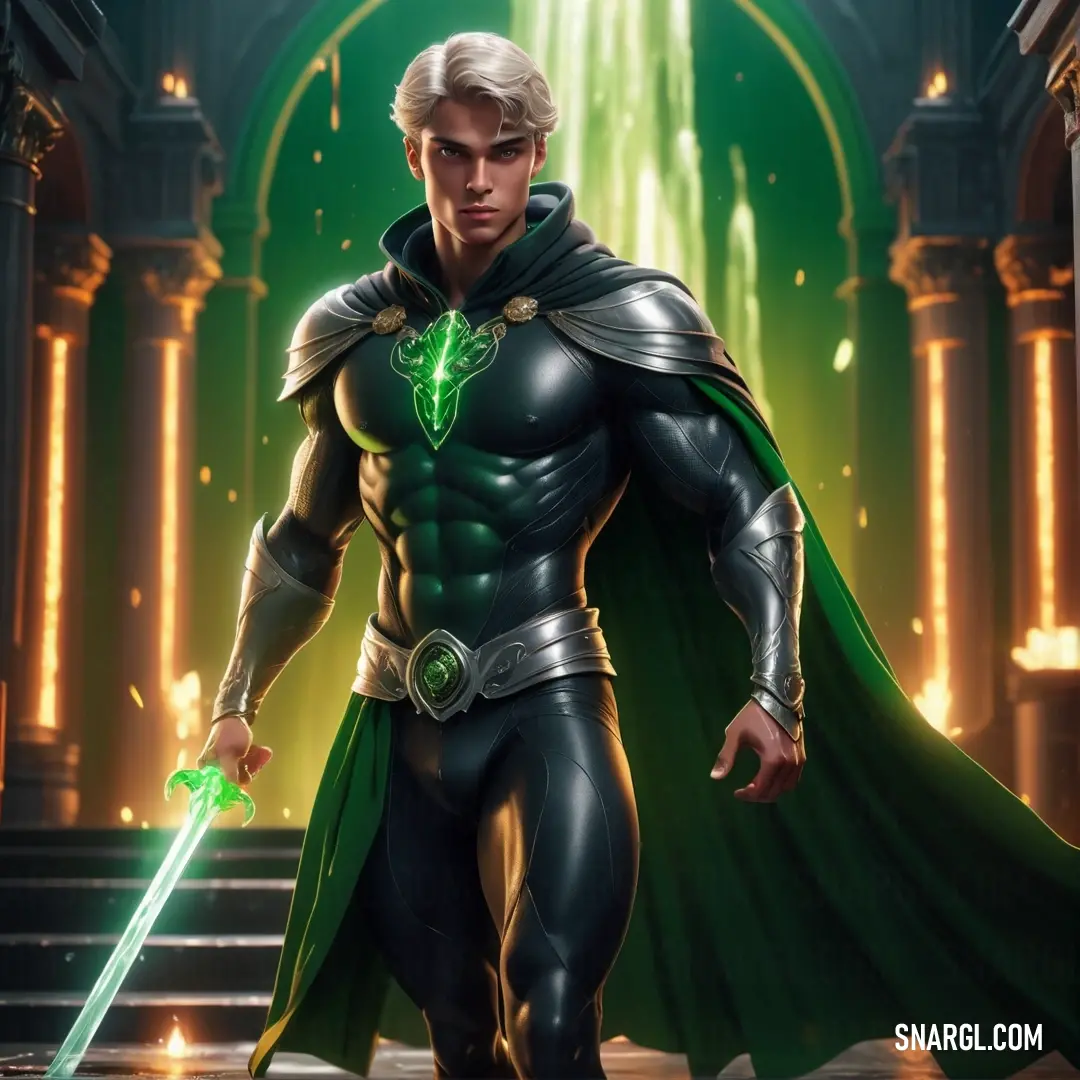 Man in a green cape and black suit holding a sword in a doorway with a green light coming from behind. Color RGB 0,44,15.