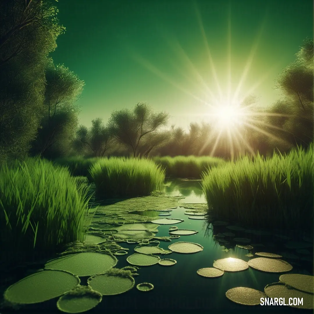 Painting of a river with lily pads in the water and the sun shining over the water and trees. Example of CMYK 90,0,90,80 color.