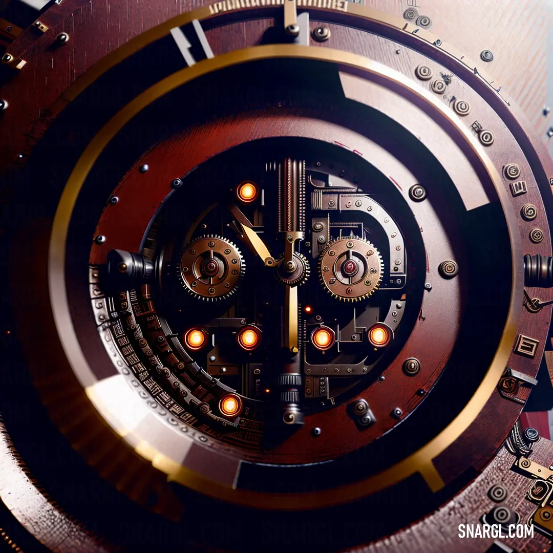 Close up of a clock with a lot of gears on it's face and a clock dial. Example of RGB 59,3,10 color.