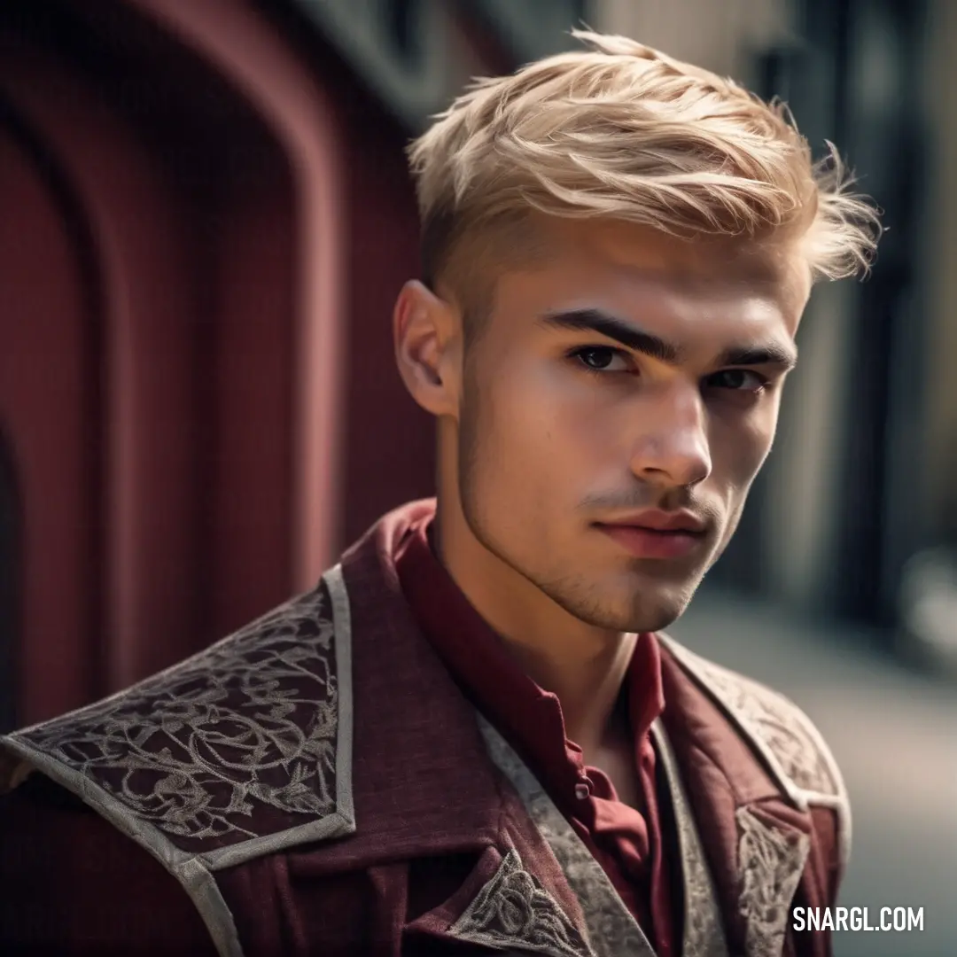 NCS S 7020-R color example: Man with a short blond haircut and a red shirt on a street corner with a red building in the background