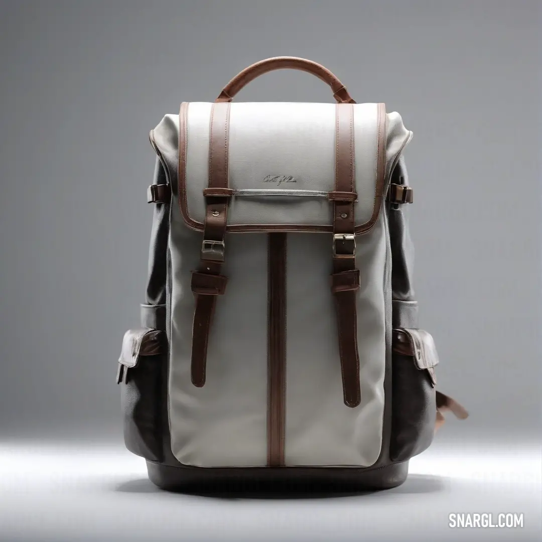 A unique backpack featuring a brown handle, adorned with a striking white and brown stripe on its side and a durable brown leather strap, saturated in a rich color of #2D060E. This is an eye-catching accessory for any outing.