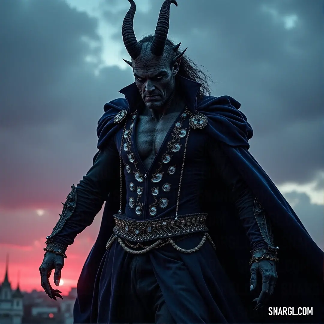 A man adorned in a horned costume and regal cape stands against a bustling city backdrop, his unique appearance contrasting sharply with the urban landscape, weaving a tale of fantasy within reality.