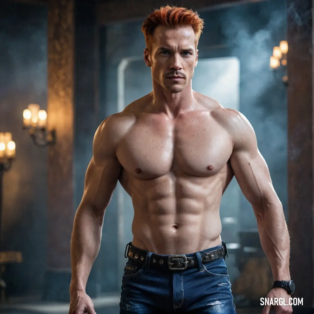 A striking man with fiery red hair poses boldly without a shirt in a smoke-filled room, casting an enigmatic aura as the swirling smoke dances around him, creating an atmosphere of intrigue.