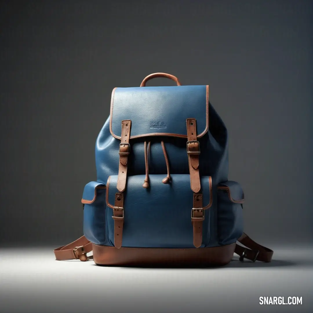 A vibrant blue backpack accented with rich brown straps and a sturdy brown base, showcasing a combination of style and functionality. Perfect for daily use or rugged adventures, it represents a unique color palette of CMYK 0,80,30,88.