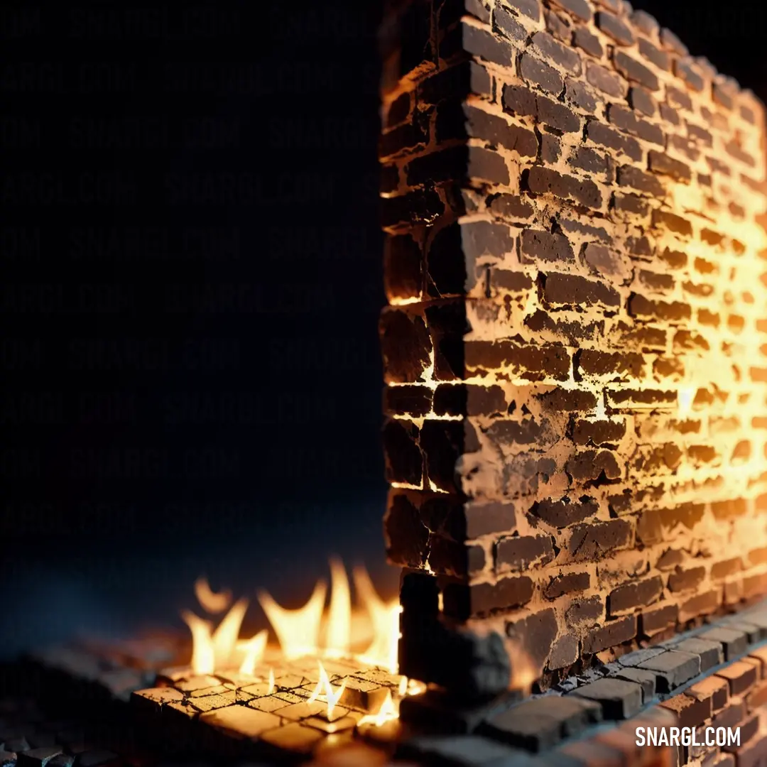 Brick wall with flames coming out of it in the dark room of a building with a black background. Example of NCS S 7020-R10B color.