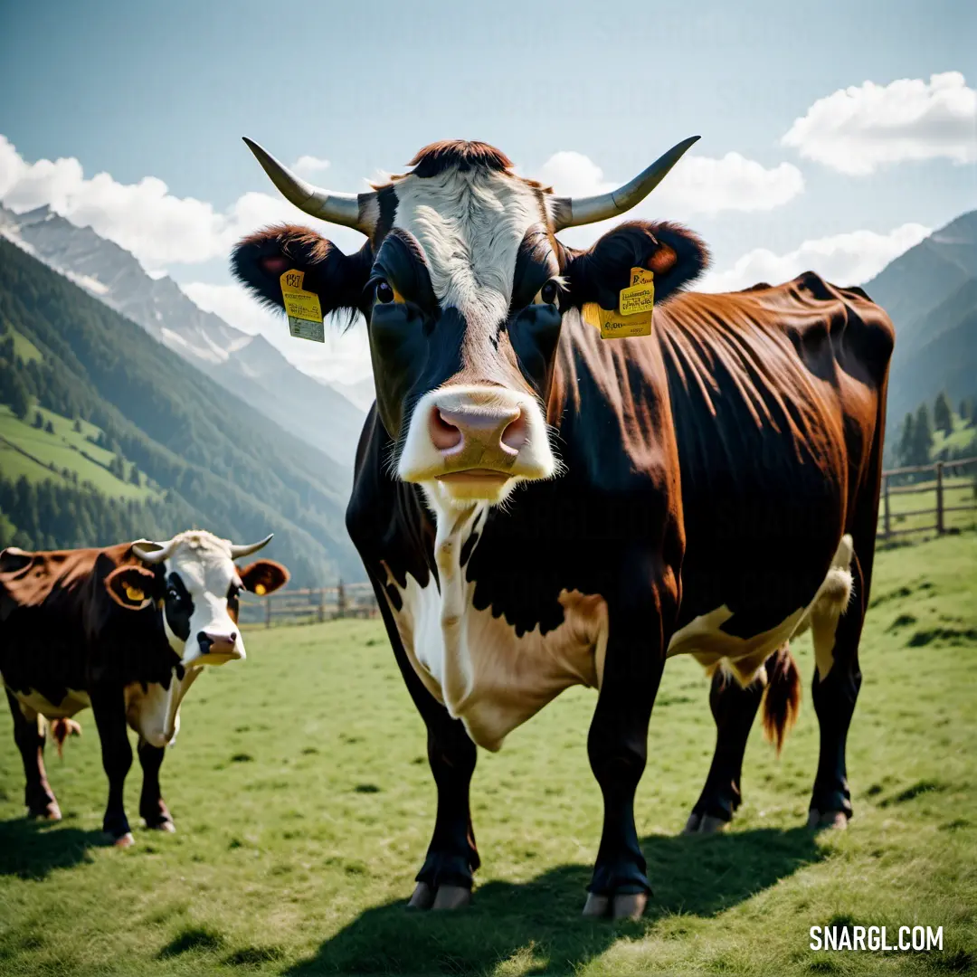 Cow with horns standing in a field with mountains in the background. Color #2D060E.