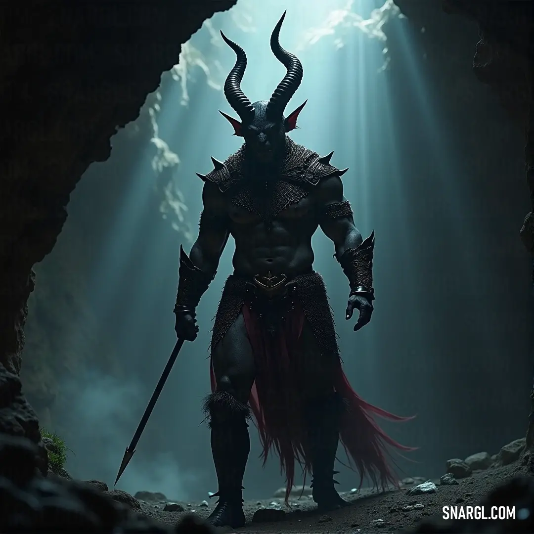 In a dimly lit cave, a man in a horned costume adeptly wields a sword, illuminated by the soft light streaming through the cave entrance, suggesting readiness and a mysterious quest unfolding within.