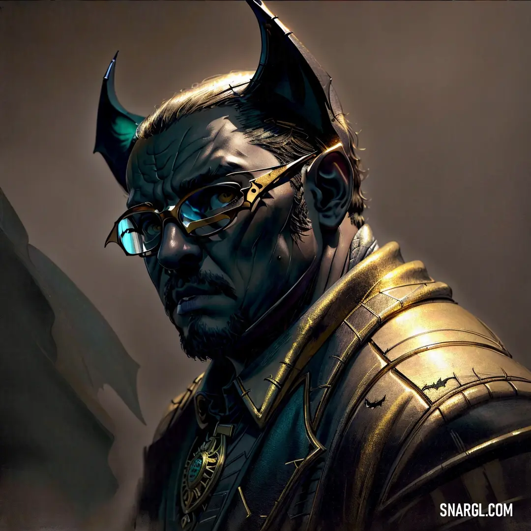 A man with sharp horns and stylish glasses stares into the shadows, the dark background enhancing his fierce and enigmatic appearance. The deep contrasts add to the mysterious aura of the scene.