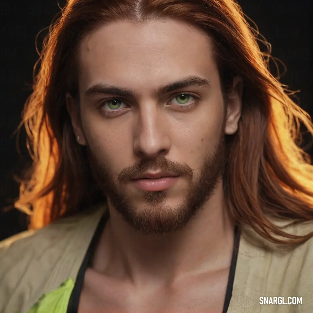 A man with long hair and striking green eyes gazes intently at the camera, his serious expression conveying a story as intricate as his features, inviting viewers to delve into his thoughts and emotions.