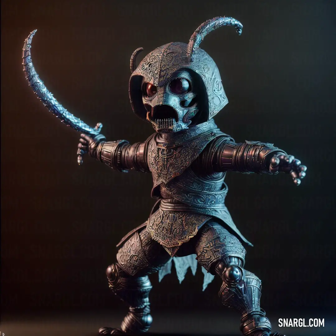 Toy figure of a demon with a sword in his hand and a skull on his head, with a black background. Example of #2D060E color.