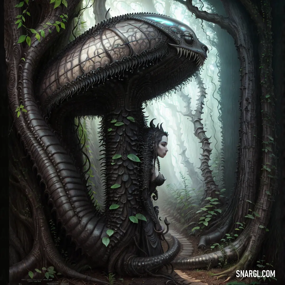 A woman stands in a dense, shadowy forest, a surreal creature resembling a giant snake perched atop her head. Its sinuous form contrasts with the vibrant green surroundings, creating an otherworldly atmosphere.