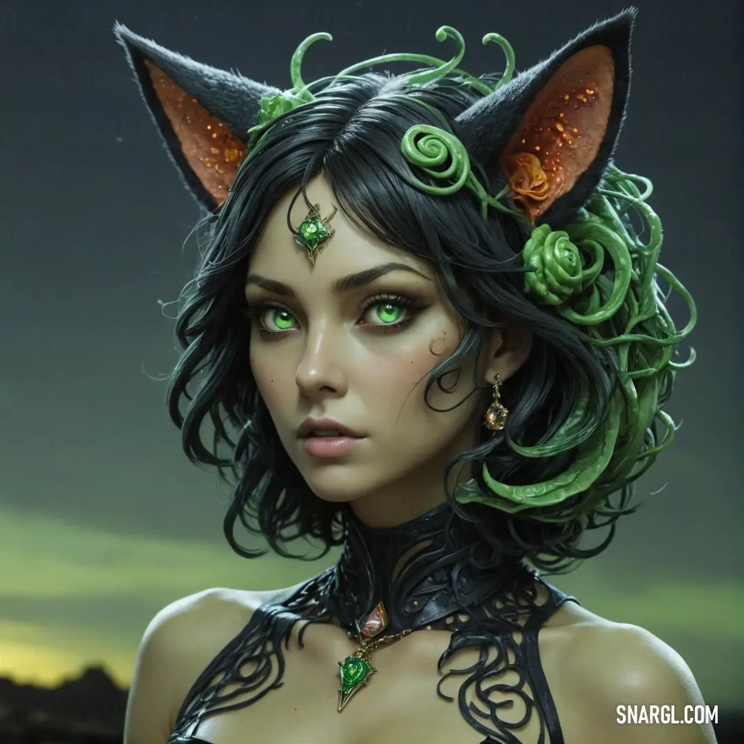 This mesmerizing woman, adorned with a whimsical cat's headpiece and striking green eyes, captivates with her stunning green dress that dances around her. Her unique style invites curiosity and imagination in a dreamy backdrop.