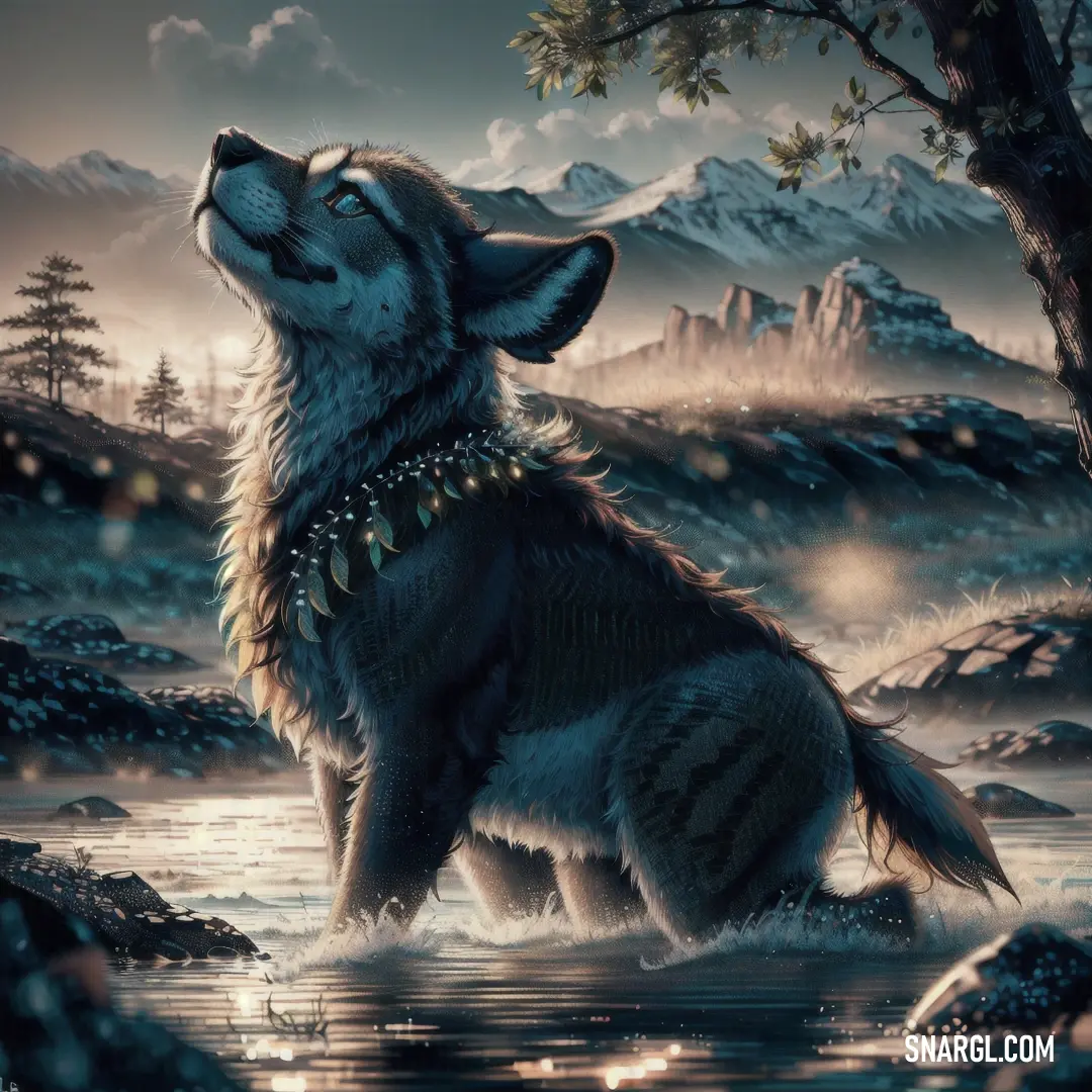 A majestic wolf stands in the middle of a flowing river, its fur glistening as the water rushes past. Towering mountains rise in the background, their peaks shrouded in mist, creating a serene and untamed wilderness scene.