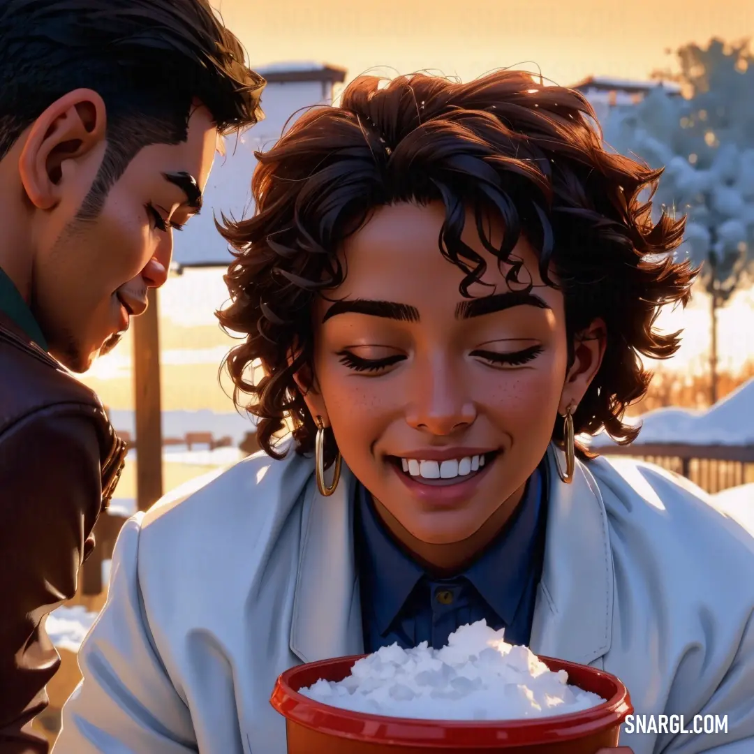 Woman is smiling while holding a bowl of snow in front of a man who is looking at her. Example of #2D060E color.