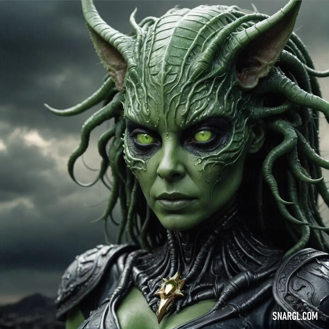 A captivating woman exudes confidence with her emerald-green eyes and magnificent costume enhanced by impressive horns. She stands ready to embrace the world, displaying enchanting beauty and strength through her striking appearance.