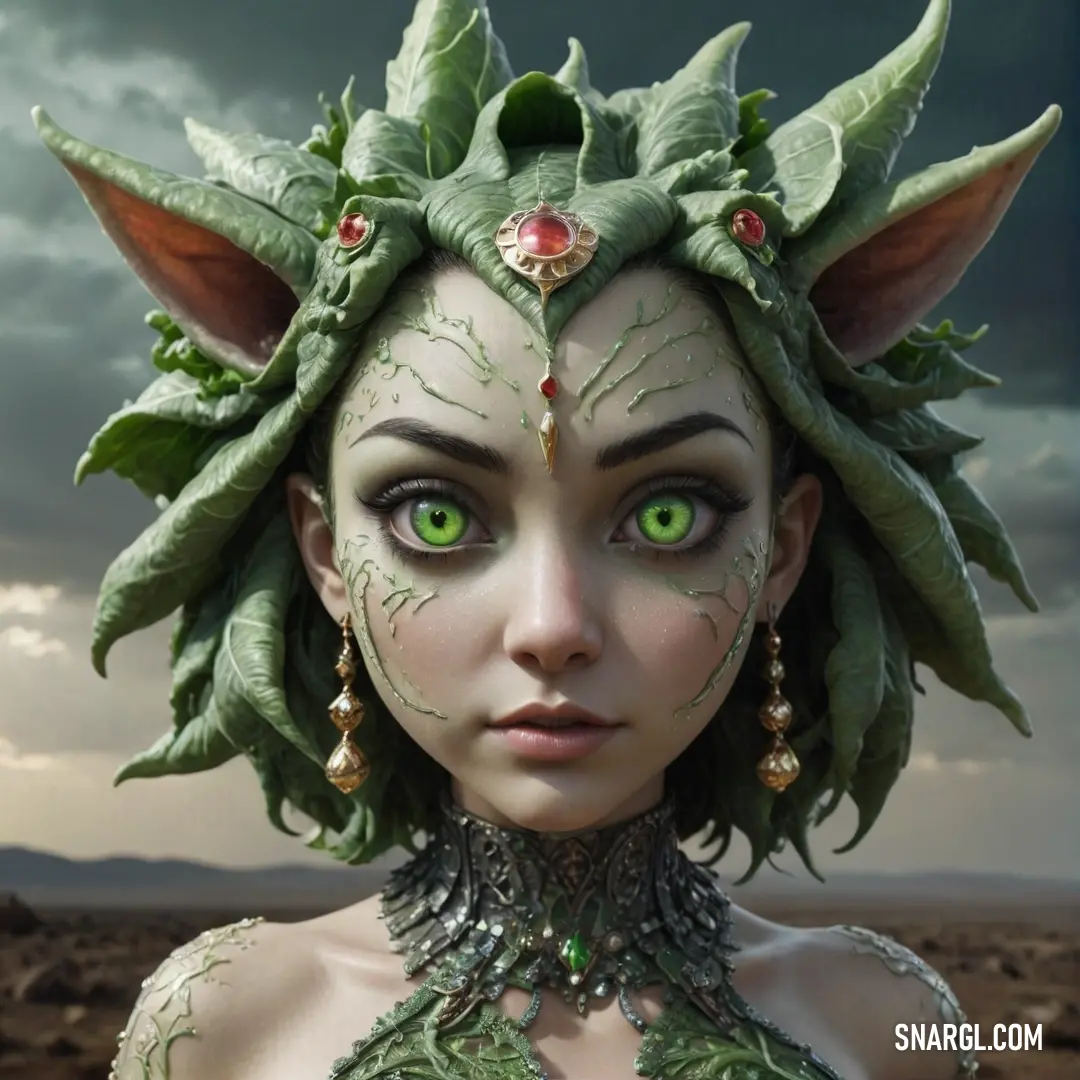 An elegant woman with captivating green eyes and an exquisite leaf headdress emanates grace as she stands in a stunning green dress. Surrounded by nature's beauty, she embodies the essence of magical enchantment.