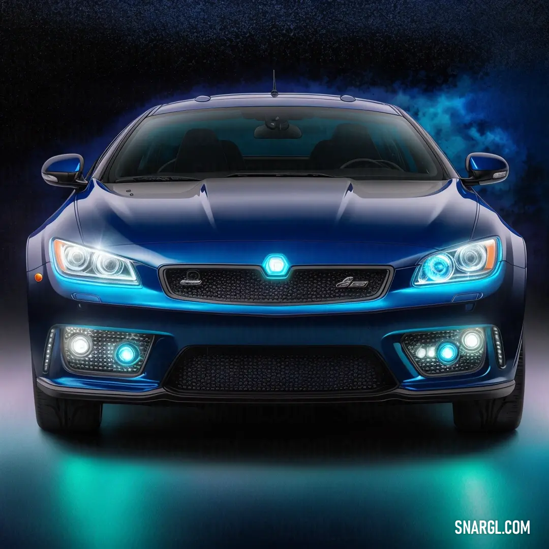 Blue car with a bright light on it's headlight and fog behind it in a dark room. Color RGB 3,21,49.