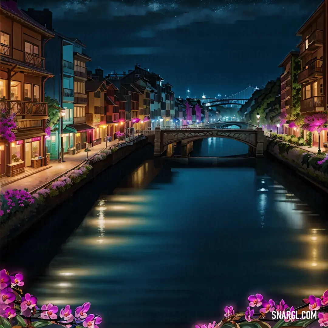 River with a bridge and flowers in the foreground. Example of CMYK 100,70,0,80 color.