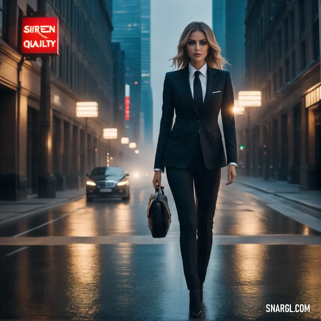Woman in a suit walking down a street in the rain with a handbag in her hand and a car in the background. Example of #031531 color.
