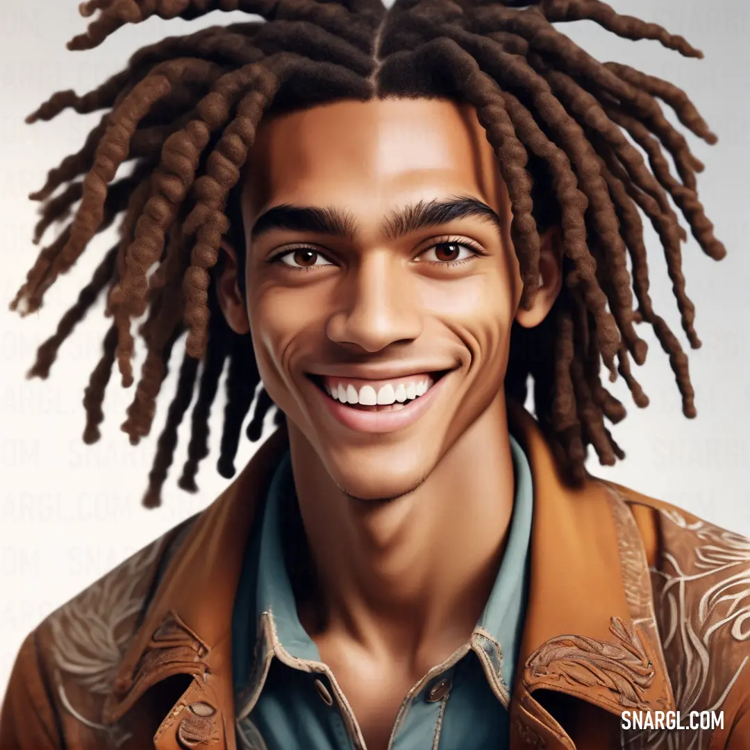 Man with dreadlocks smiling for a picture in a picture frame with a white background. Color #4C2C15.