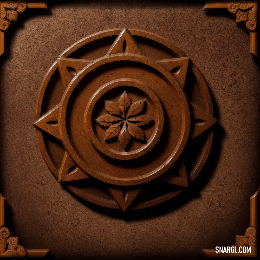 Wooden circular object with a flower in the center of it on a brown background. Color CMYK 0,51,71,76.