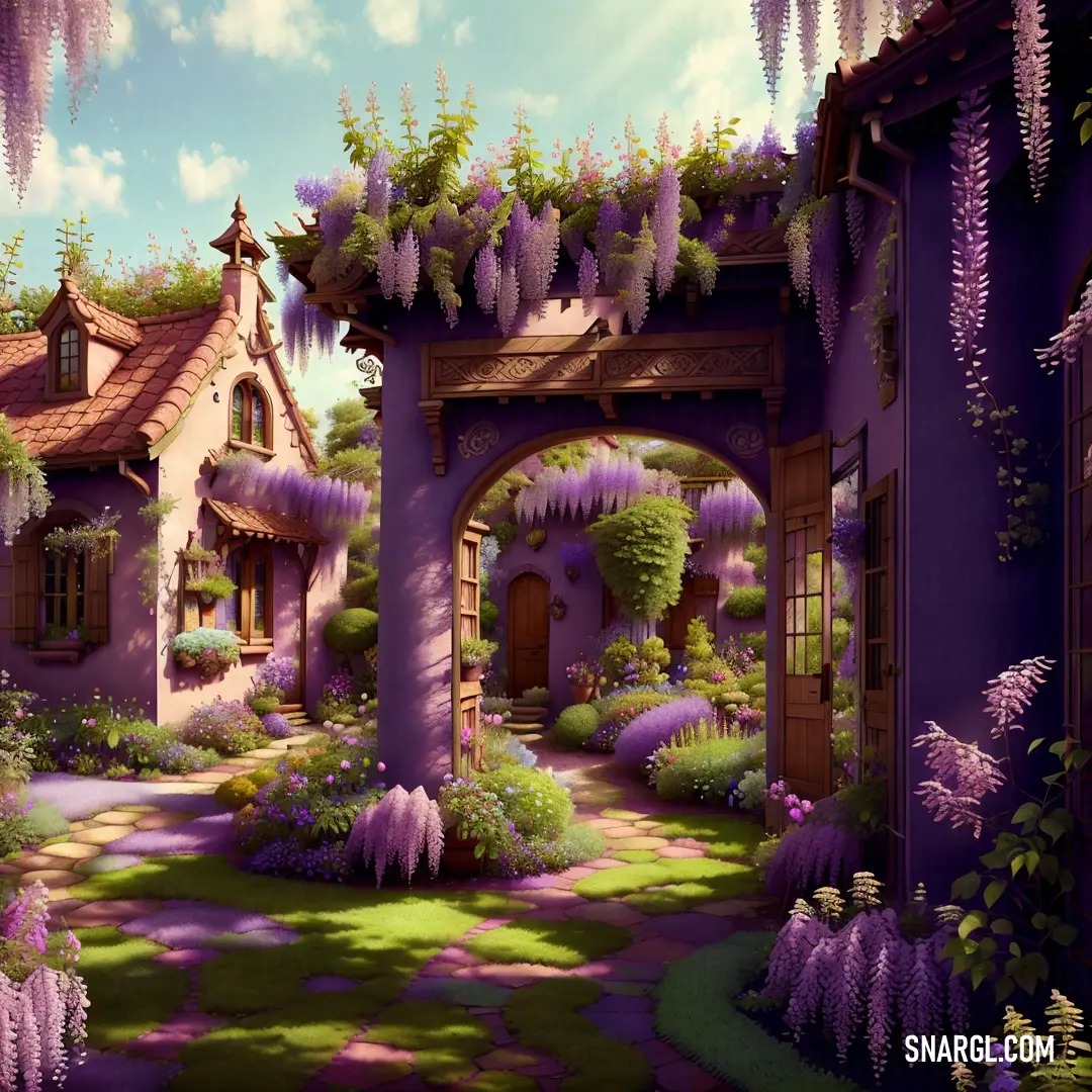 Purple house with a purple archway and purple flowers on the outside of it. Example of CMYK 0,64,80,80 color.