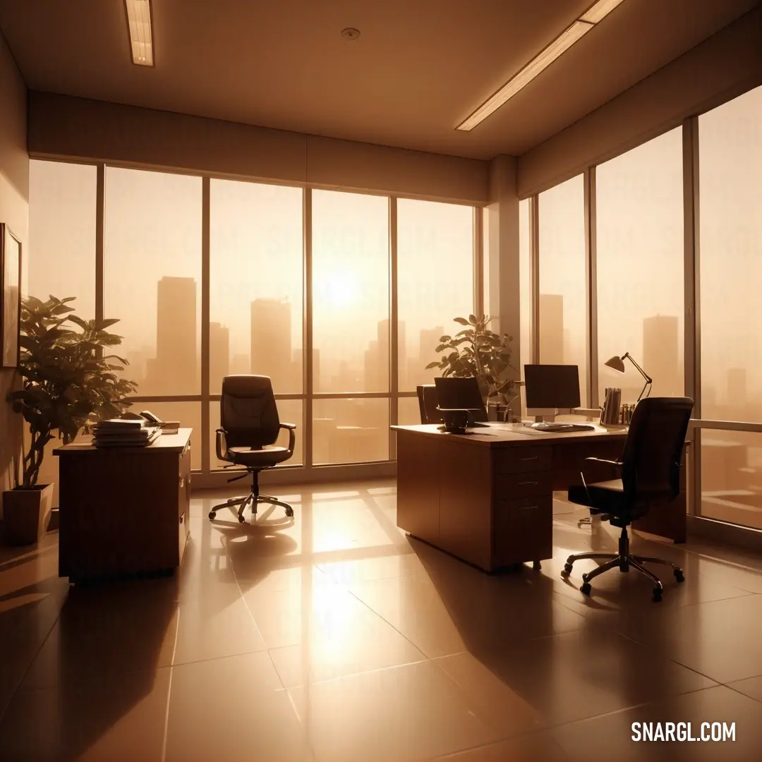NCS S 7020-Y40R color example: Room with a desk and a chair in it with a view of the city outside the window and a plant in the corner