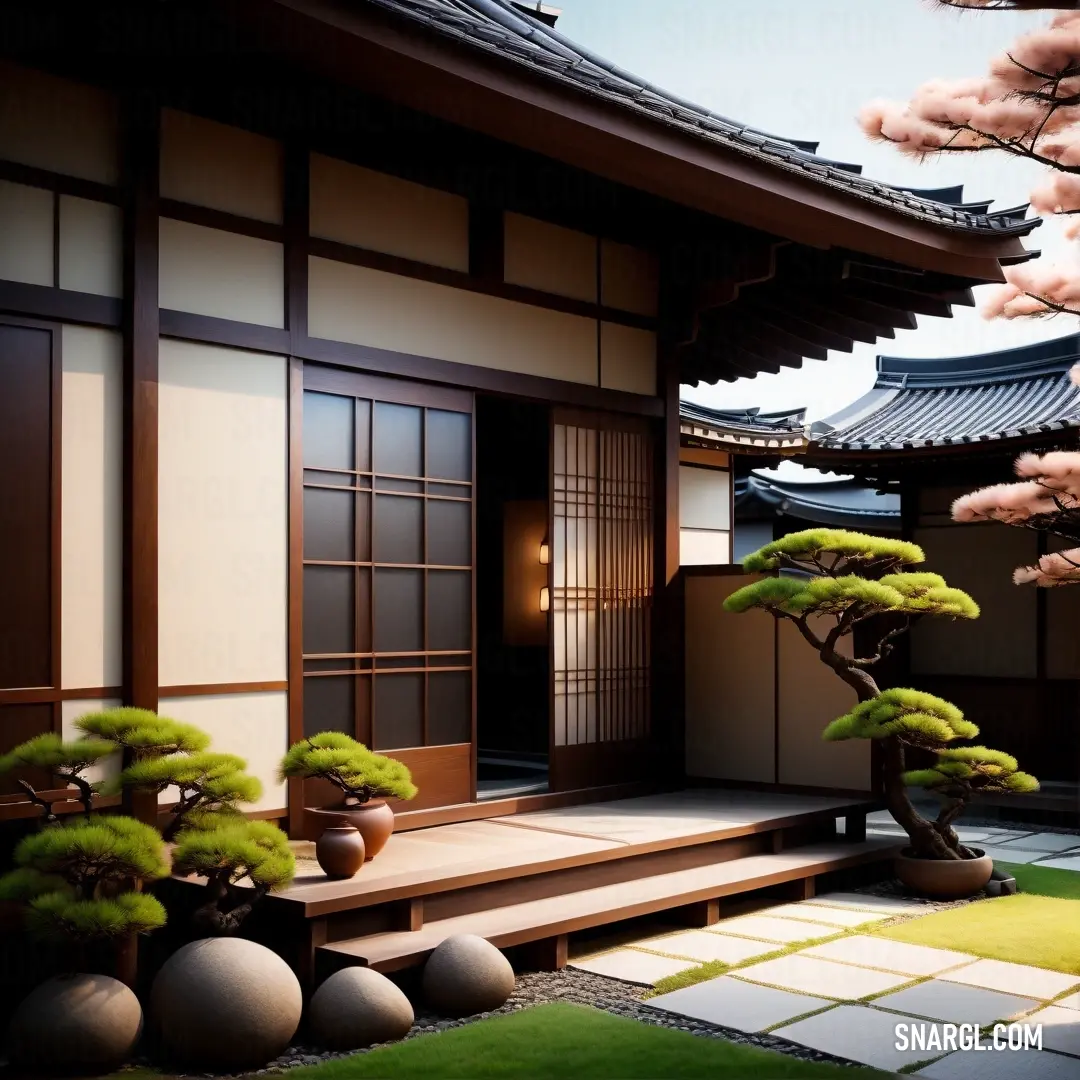 NCS S 7020-Y40R color example: Person holding a bonsai tree in front of a building with a japanese style roof and windows on the side