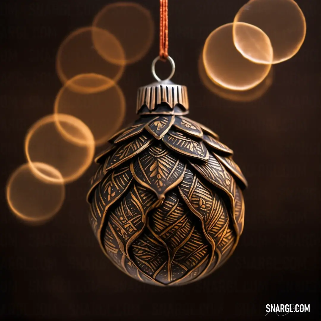 Christmas ornament hanging from a string with lights in the background. Color CMYK 0,67,85,80.