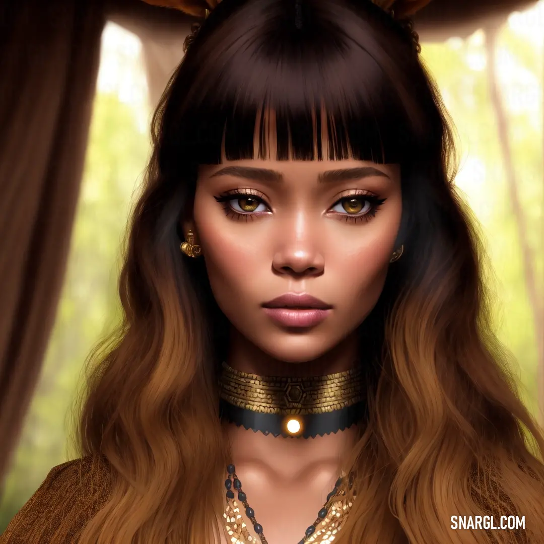 Digital painting of a woman with a crown on her head and a necklace on her neck. Example of NCS S 7020-Y50R color.