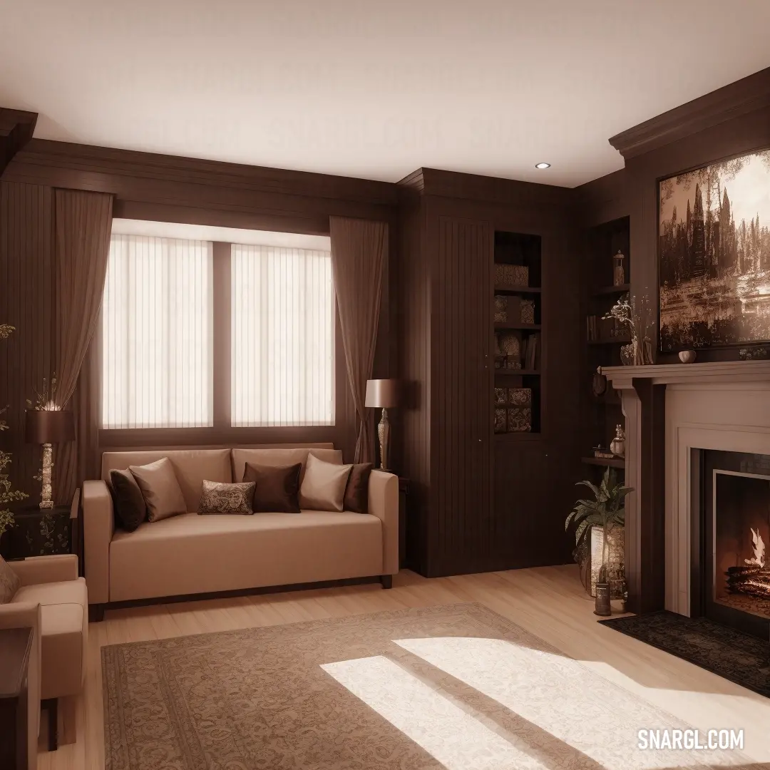 Living room with a fireplace and a couch in it's center area with a painting on the wall. Example of #431B00 color.