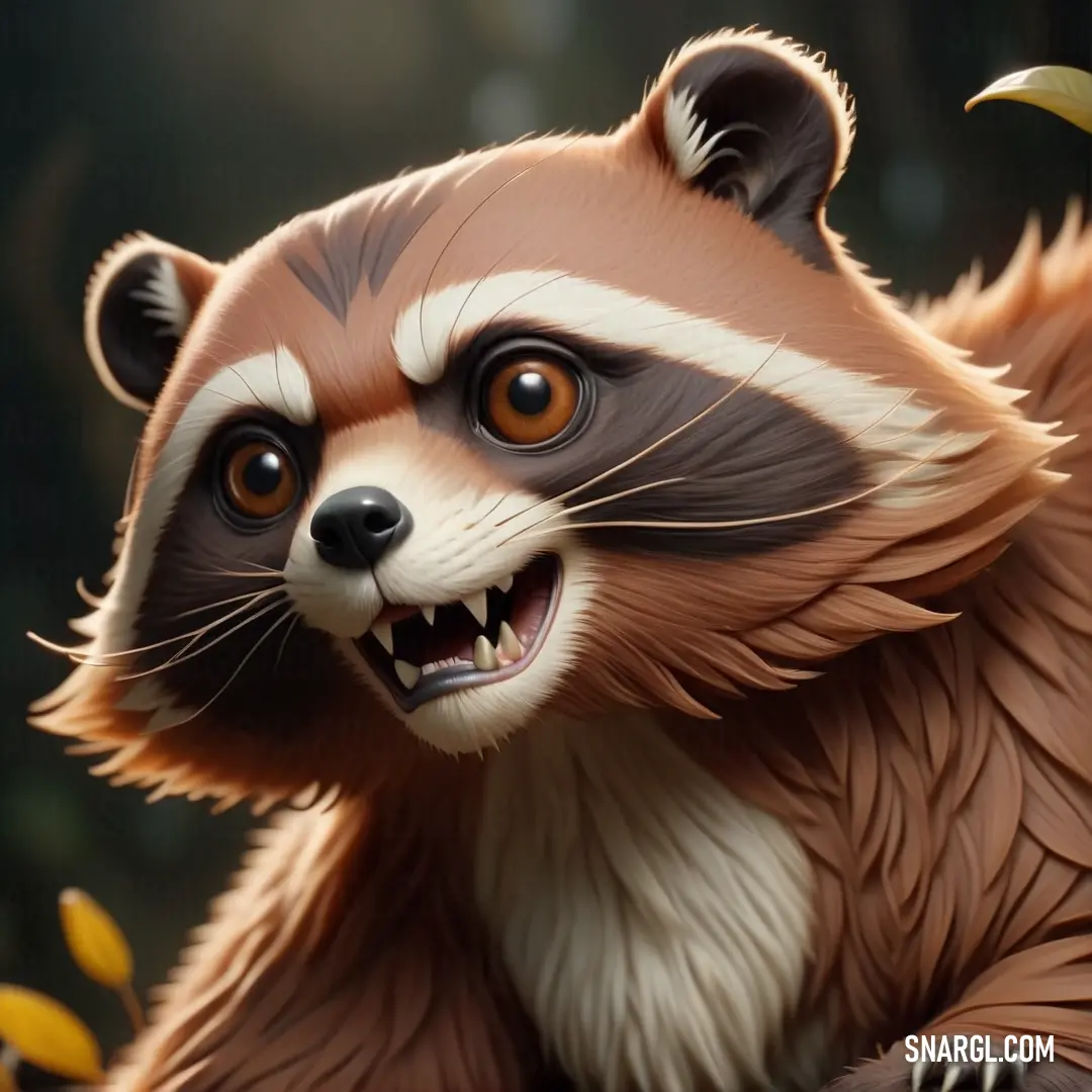 Raccoon with a big grin on its face and mouth is shown in this image with leaves. Example of NCS S 7020-Y50R color.