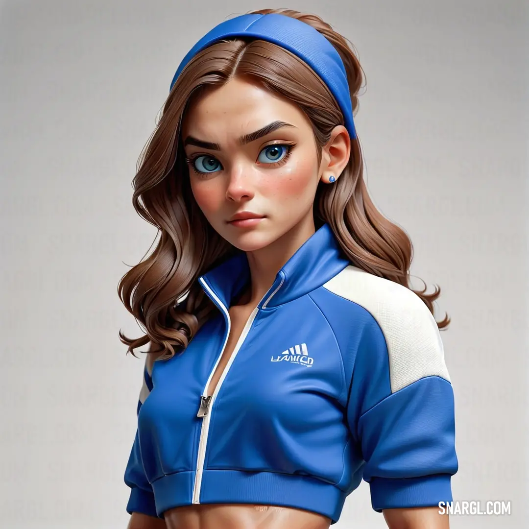 NCS S 7020-Y50R color example: Woman with a blue top and a blue headband is posing for a picture in a blue outfit