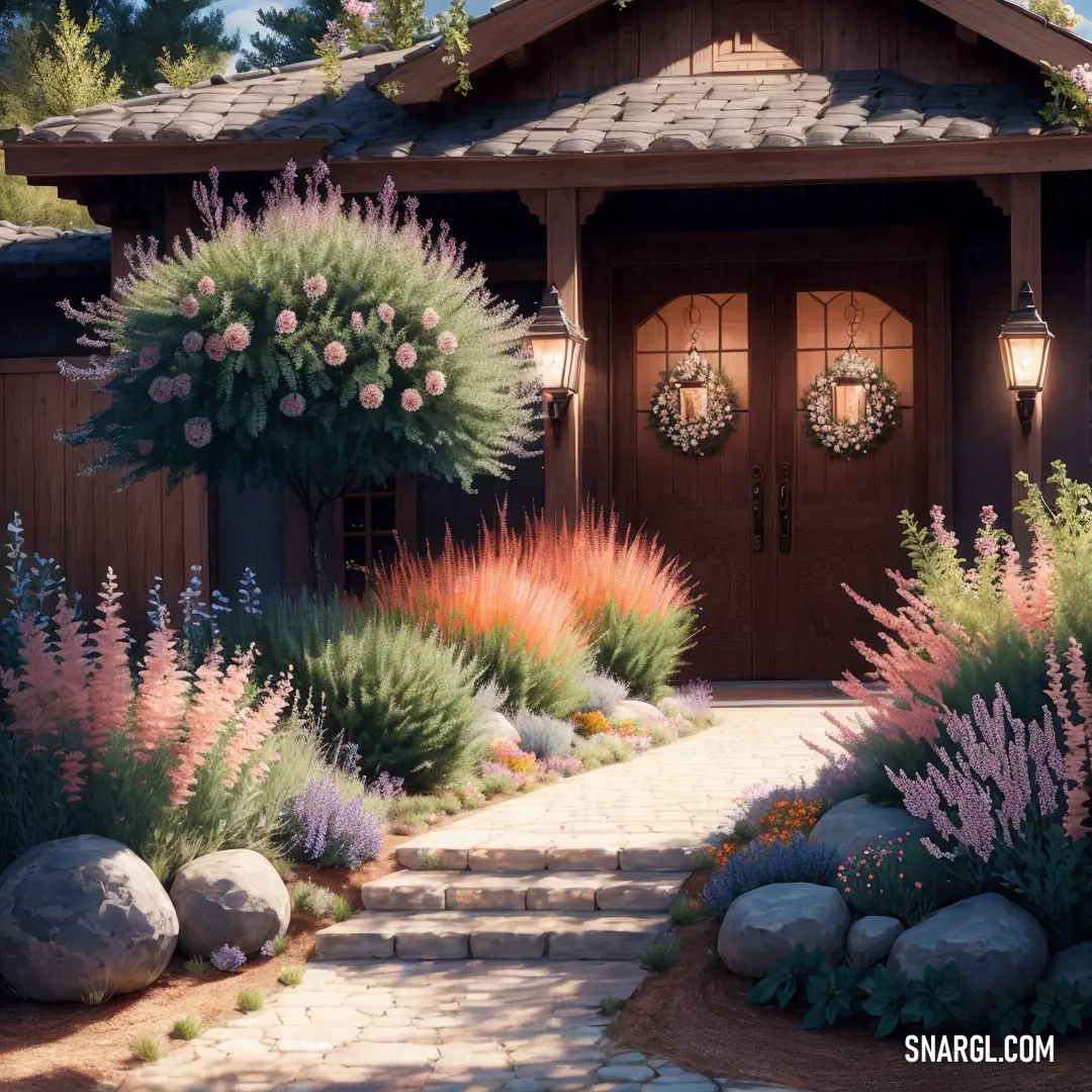 NCS S 7020-Y60R color. House with a lot of flowers and rocks in front of it