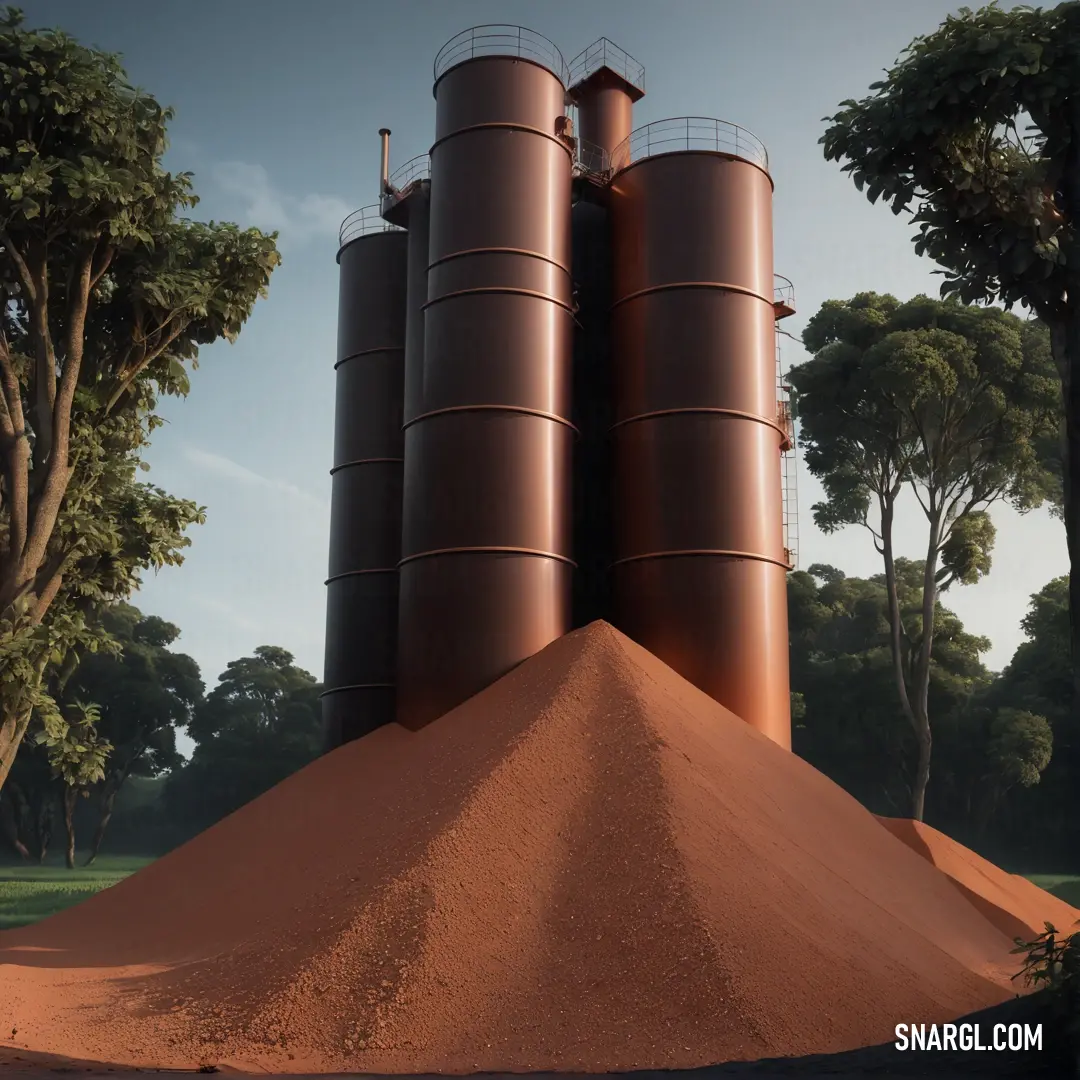 Large pile of dirt next to a couple of large silos in a field with trees in the background. Color RGB 68,25,4.