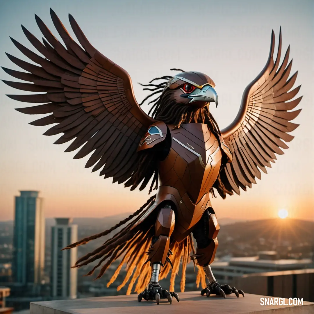 Statue of a bird with wings spread out and a city in the background. Color NCS S 7020-Y60R.