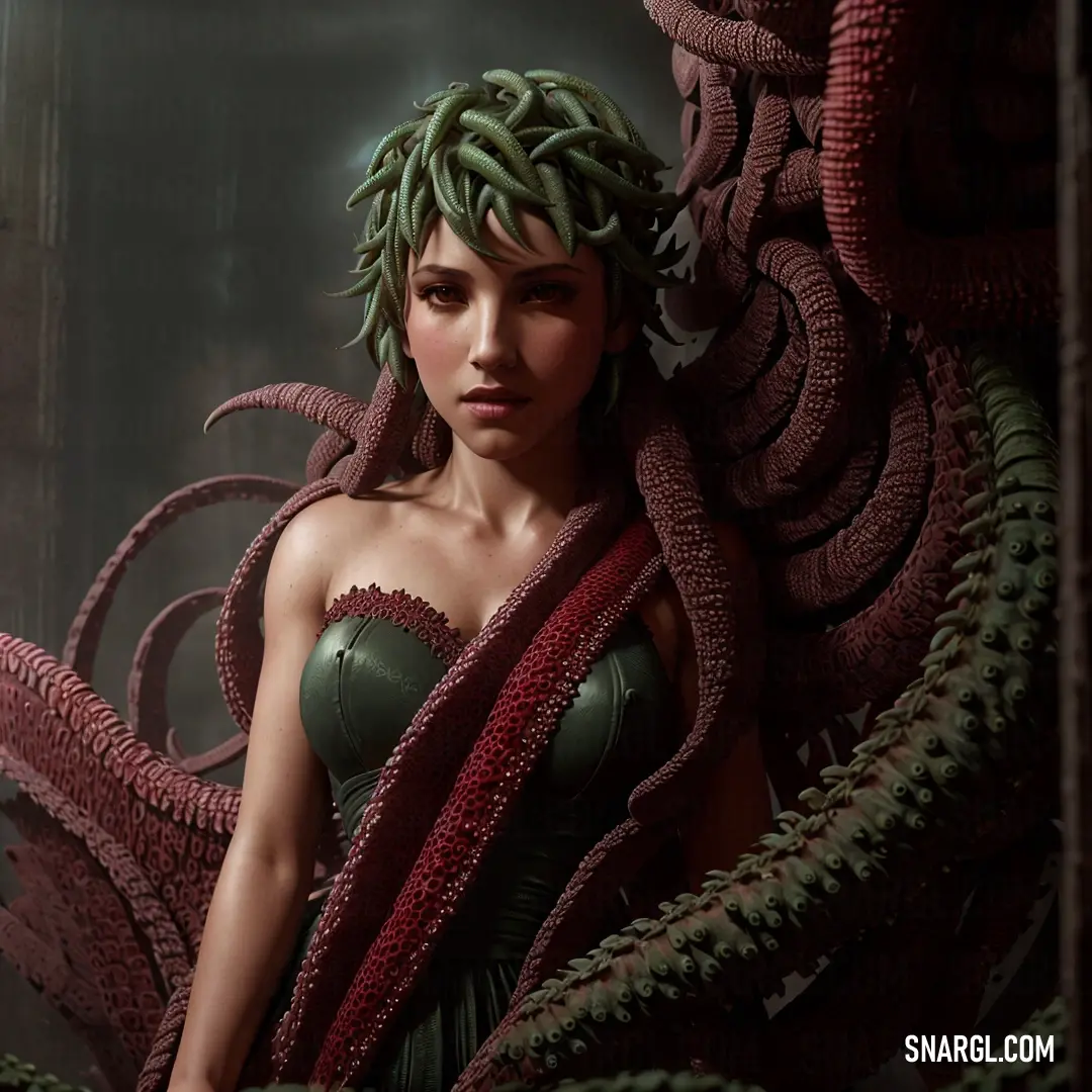 Woman with green hair and a green dress is standing in a giant red snake like creature. Color RGB 68,28,19.