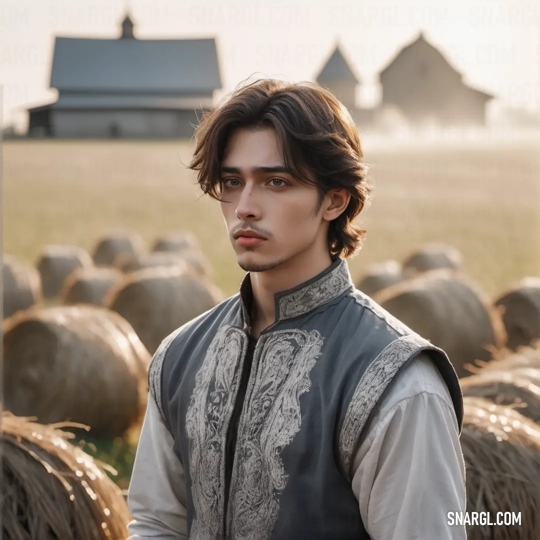 Man standing in front of a herd of sheep in a field of grass with a barn in the background. Color RGB 84,84,82.