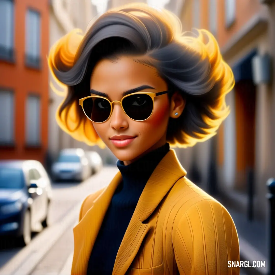 Woman with a yellow jacket and sunglasses on a city street with cars behind her and a building. Color #545452.