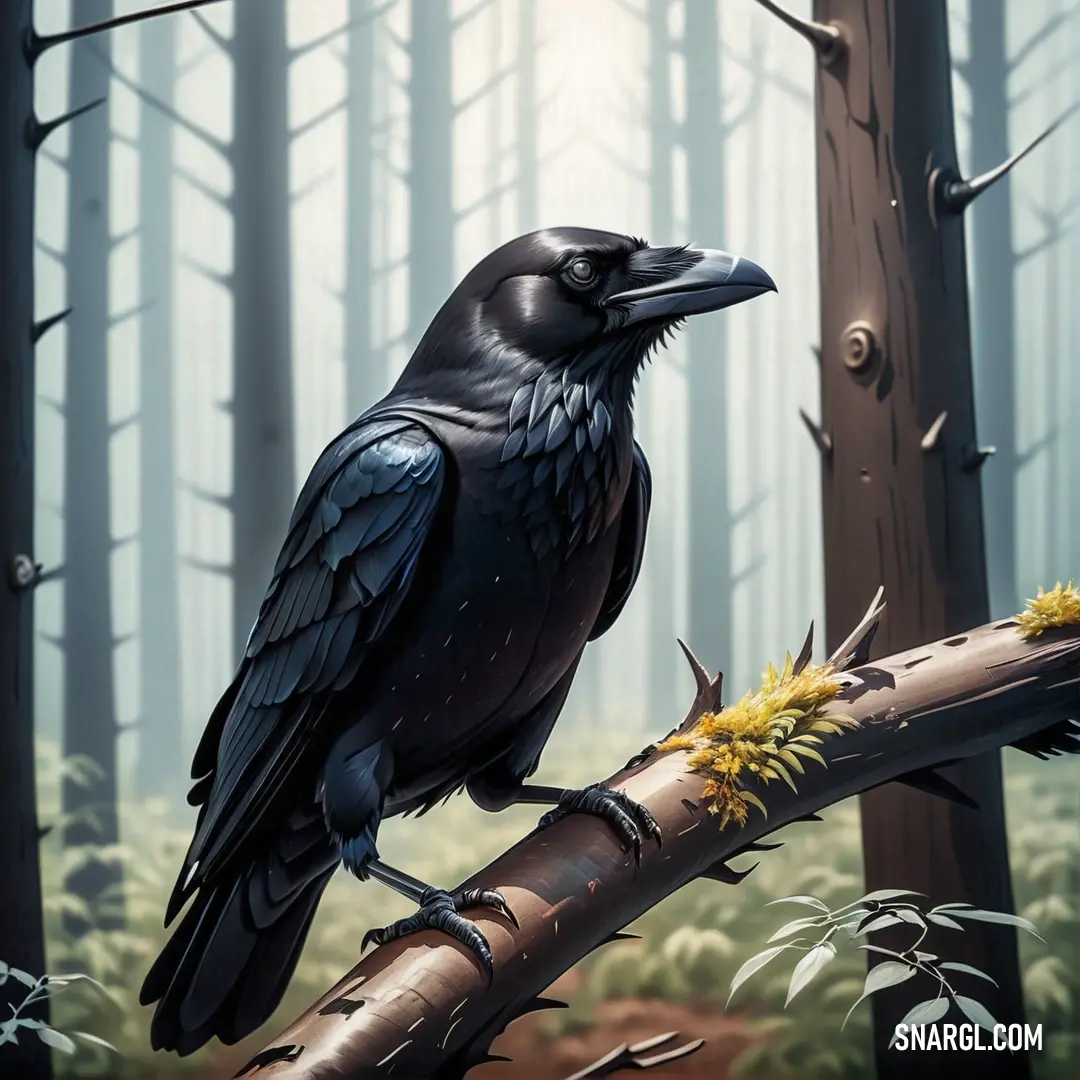 Black bird on a branch in a forest with trees and grass in the background. Example of #292D2F color.