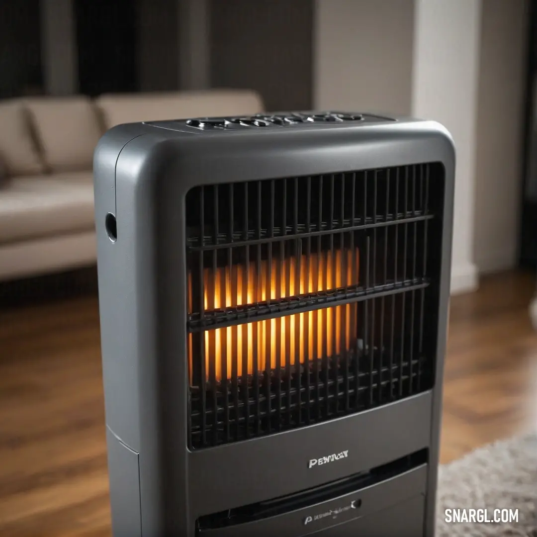 A sleek black heater sits gracefully atop a wooden floor, alongside a cozy couch and chair, perfectly blending comfort with modern design in a stylish room.