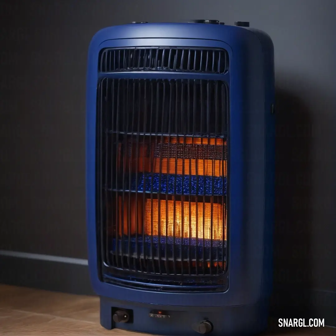 A sleek blue heater rests on a polished wooden floor next to the wall, radiating warmth while enhancing the room's modern aesthetic with its unique hue.