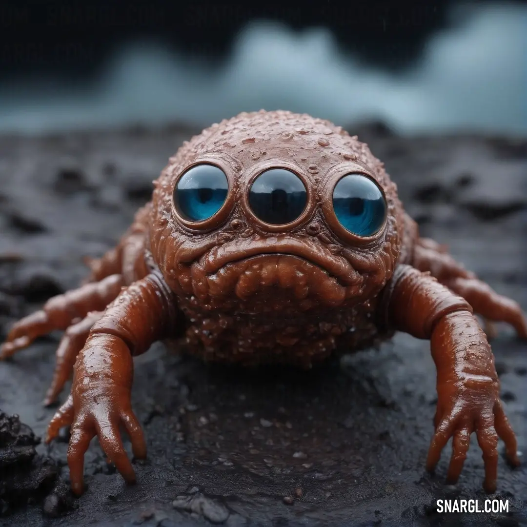 A heartwarming close-up of a toy frog with expressive eyes and a melancholy look on its face. It is perched thoughtfully on a rock, its bright colors contrasting beautifully with the natural textures around it.