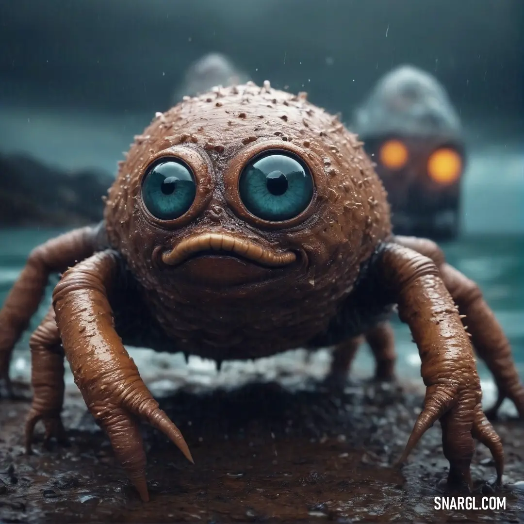 An adorable close-up of a toy spider, showcasing its endearing eyes and tiny nose. The rain droplets give it a fresh look, making it appear lively and animated against the soft background of a rainy day.